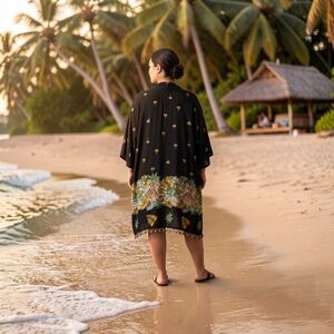Black Tropical Animal-Print Beach Cover-Up Kimono Beaded 2X